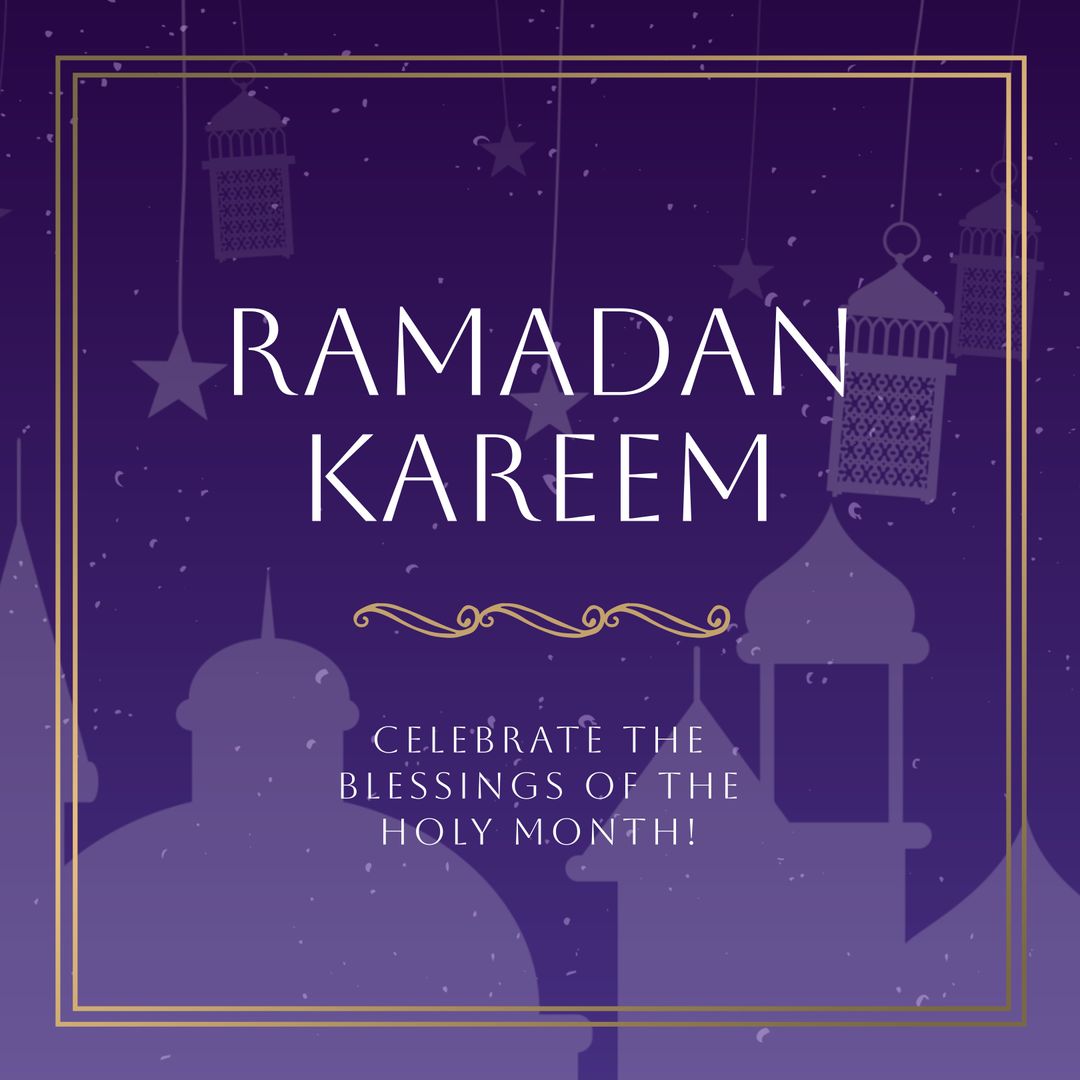 Ramadan Kareem Greeting with Mosque and Crescent Moon on Purple Background - Download Free Stock Templates Pikwizard.com