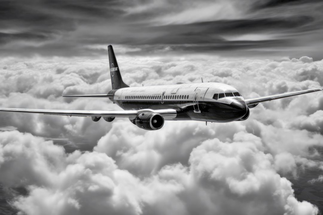 Commercial Airplane Flying Above Cloud Layer in Black and White - Free Images, Stock Photos and Pictures on Pikwizard.com