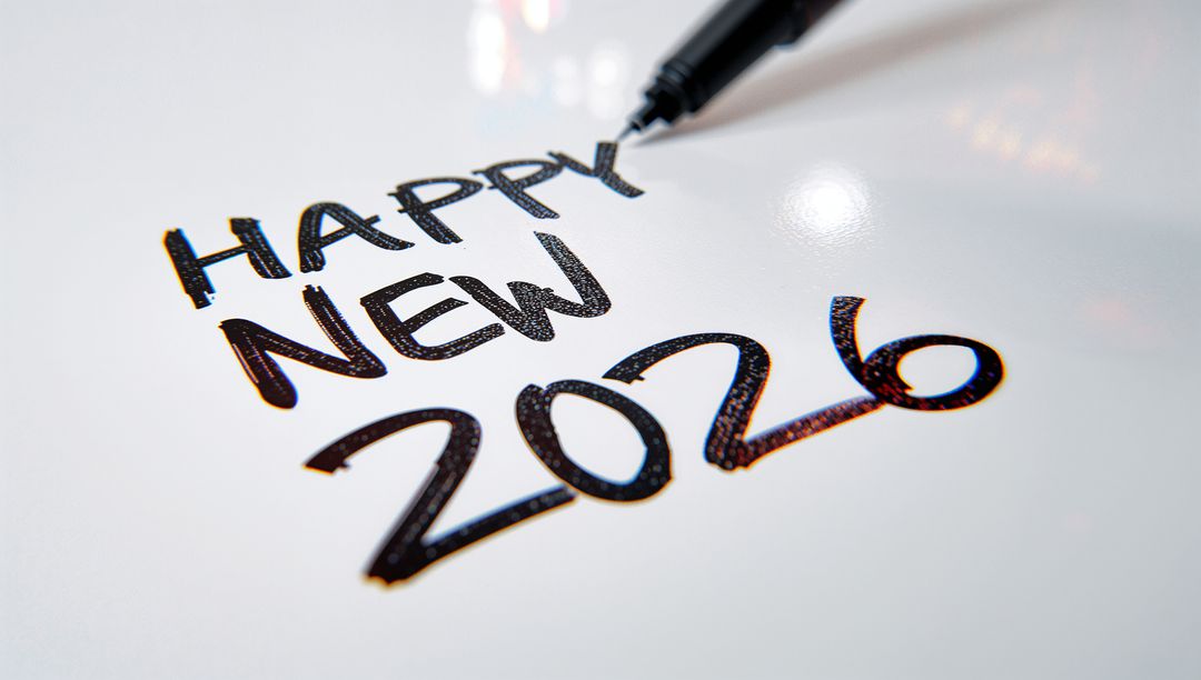Writing Happy New 2026 in Bold Black Marker on Glossy White Surface