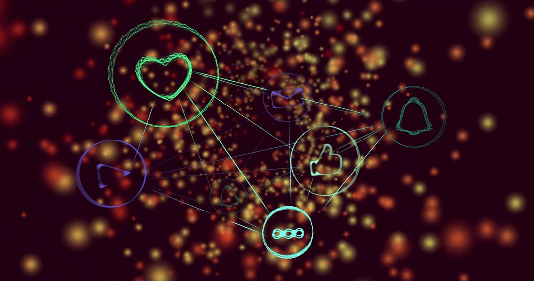 Neon Network with Digital Icons Portraying Connectivity and Interaction
