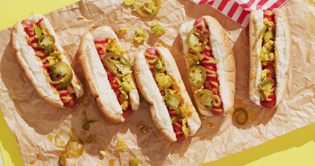 Image of hot dogs with mustard, ketchup and jalapeno on a yellow surface - Free Images, Stock Photos and Pictures on Pikwizard.com