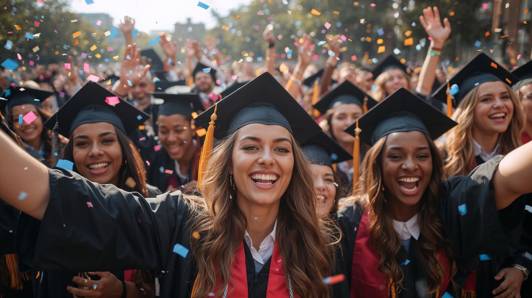 Joyful Diverse Graduates Celebrating with Mortarboards and Confetti on University Quad