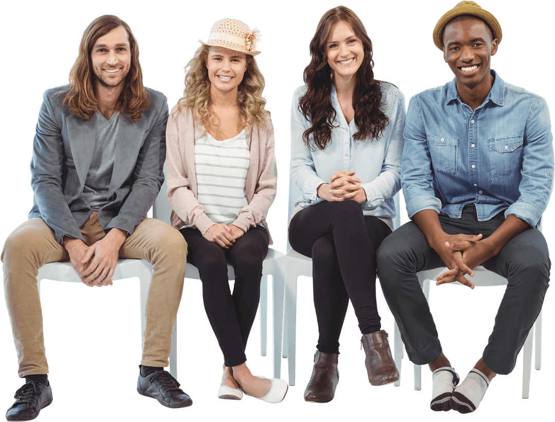 Transparent Smiling Diverse Team Sitting on Chairs