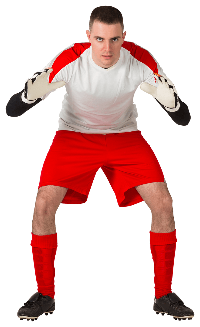 Transparent Goalkeeper in Red Kit Ready to Catch