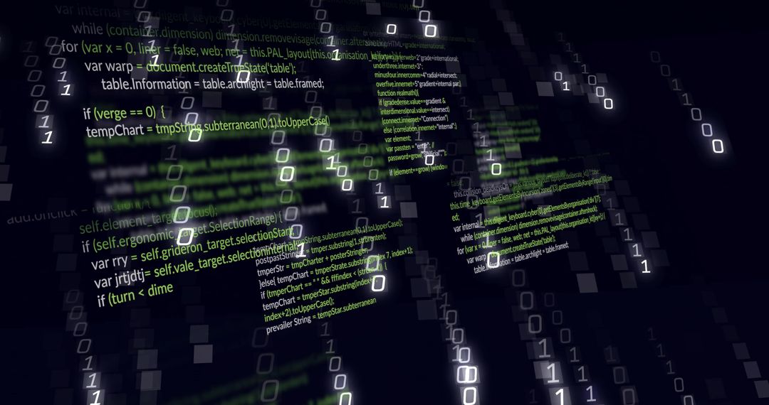 Floating Source Code Columns Streaming Binary Matrix with Neon Volumetric Panels and Futuristic Grid