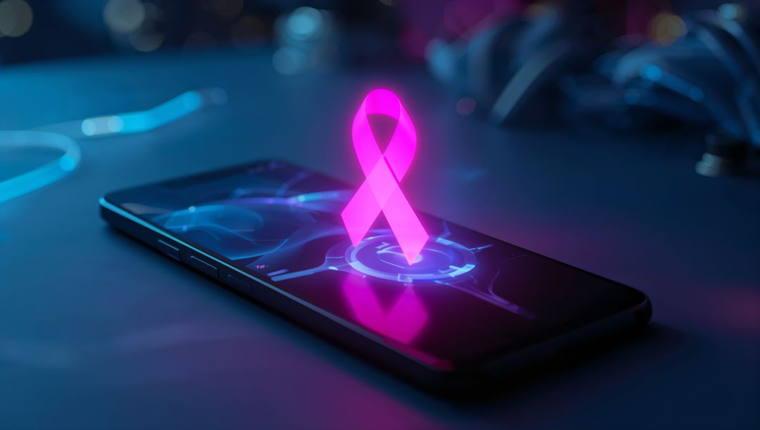 Futuristic Neon Pink Ribbon Hologram on Smartphone Display
