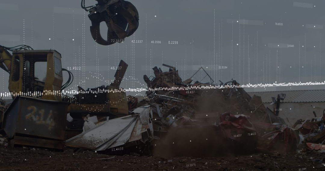 Digital Financial Interface Overlaying Industrial Junkyard