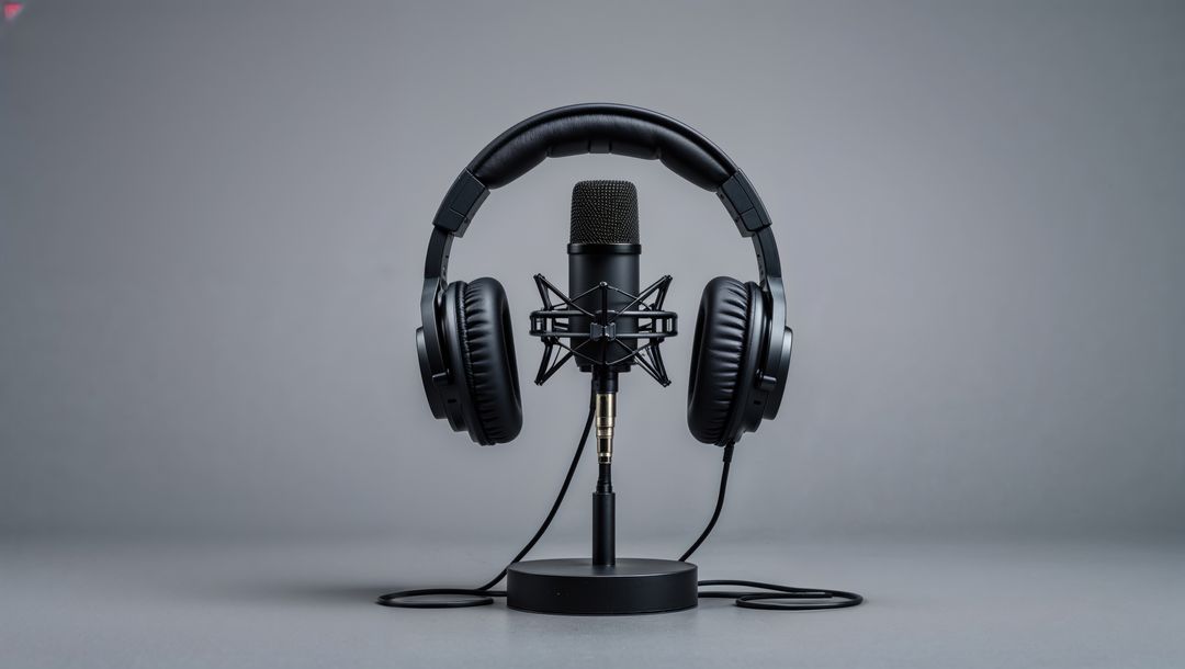 Black Condenser Microphone with Headphones on Stand in Studio Setup