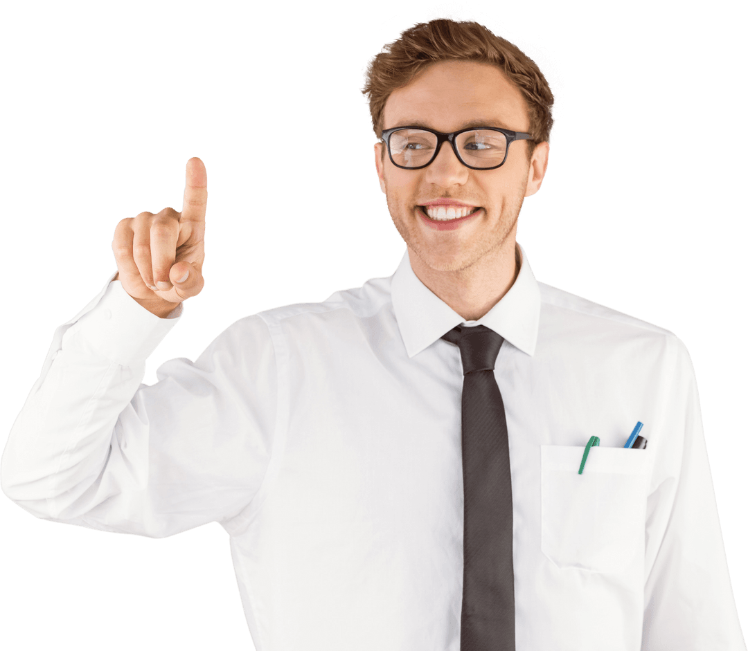 Transparent Enthusiastic Businessman Pointing Gesture