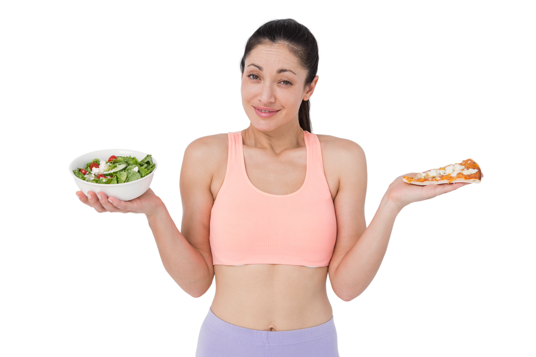 Confused Woman Holding Bowl of Salad and Slice of Pizza Transparent Background - Download Free Stock Images Pikwizard.com