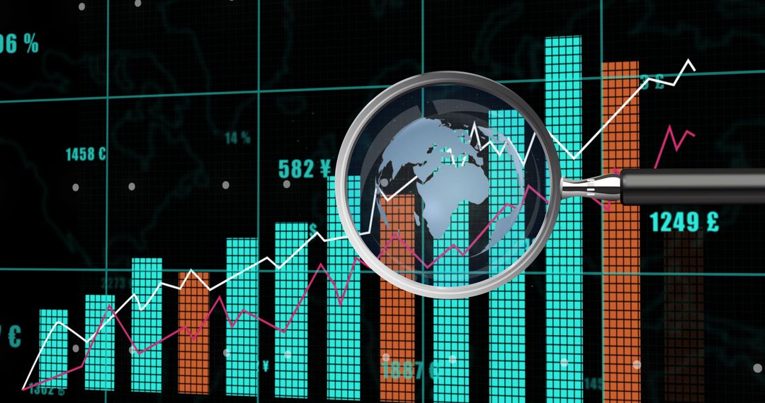 Magnifying Glass Analyzing Financial Growth on Global Map Background