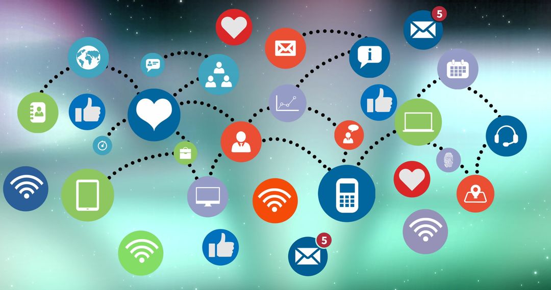 Network of Social Media and Communication Icons on Abstract Background