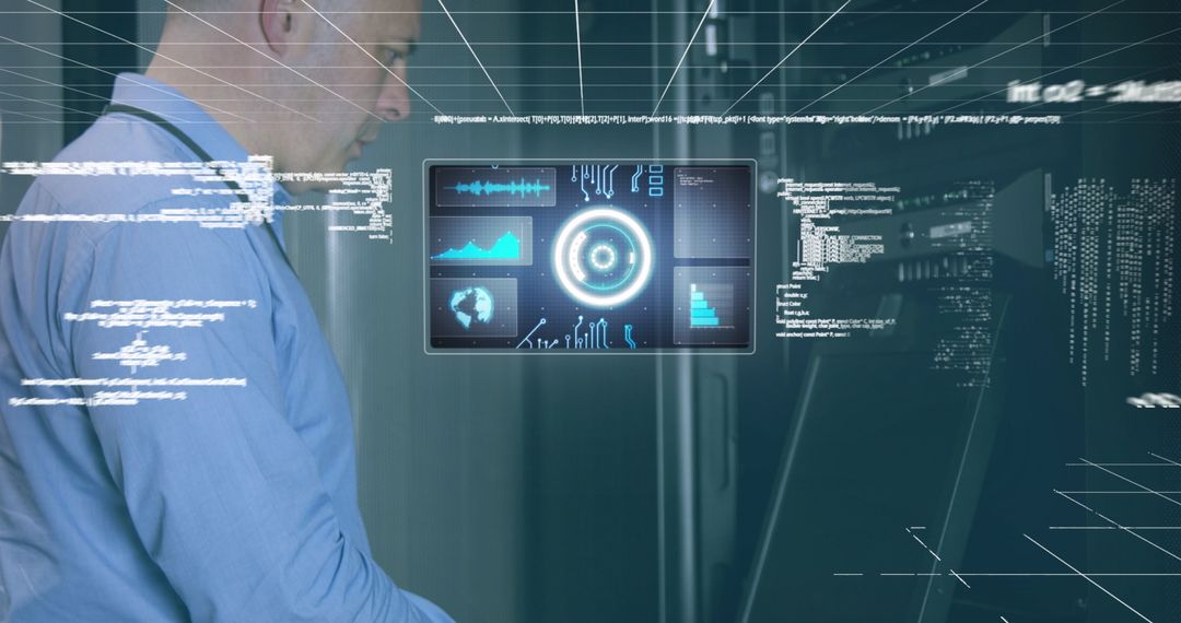 IT Professional Analyzing Digital Data on Virtual Screen