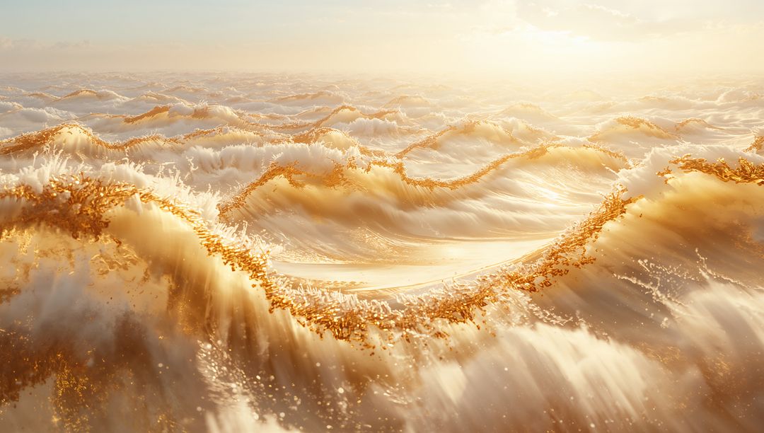 Gilded ocean waves sparkling under low sun with foamy spray and metallic shimmer