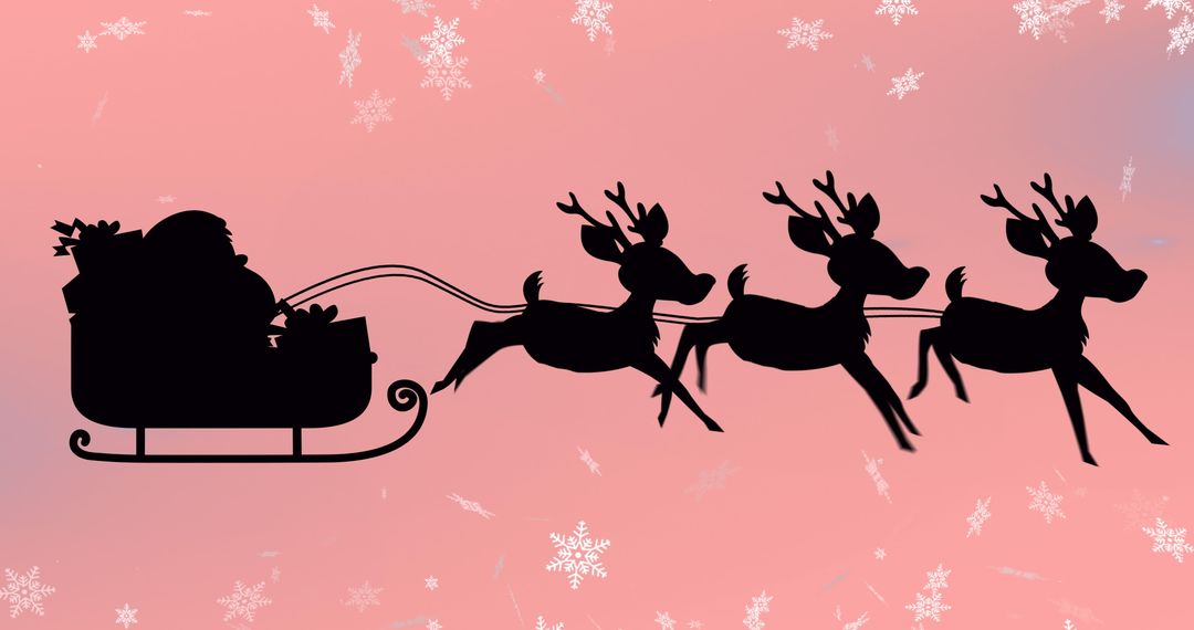 Silhouette of Santa's Sleigh with Reindeer Against Pink Snowy Background - Free Images, Stock Photos and Pictures on Pikwizard.com