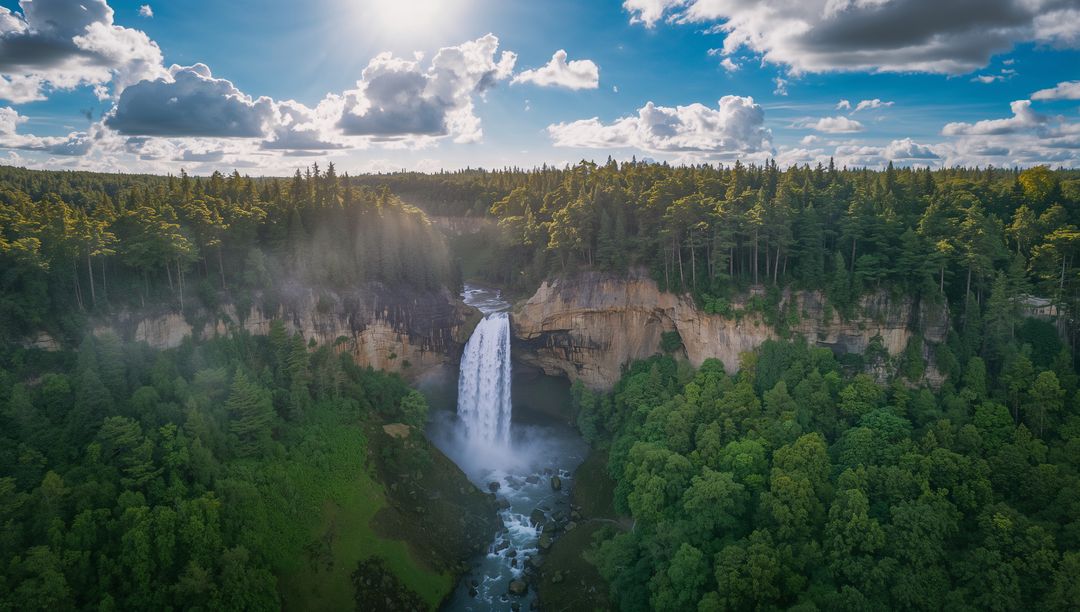 Sunlit waterfall plunging into misty canyon amid evergreen forest canopy (aerial)