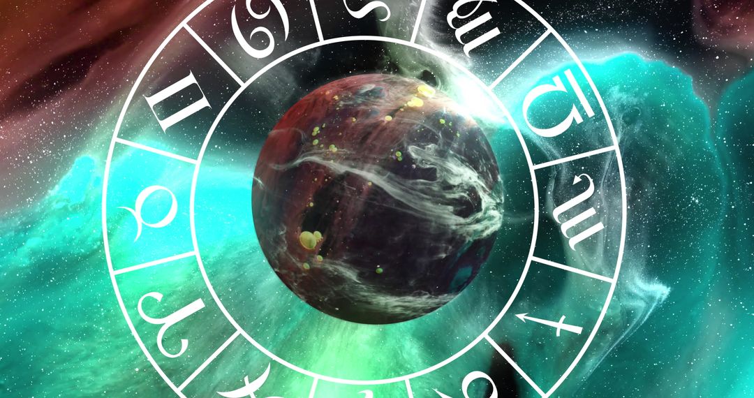 Mystical Zodiac Signs Surrounding Mysterious Planet in Colorful Space
