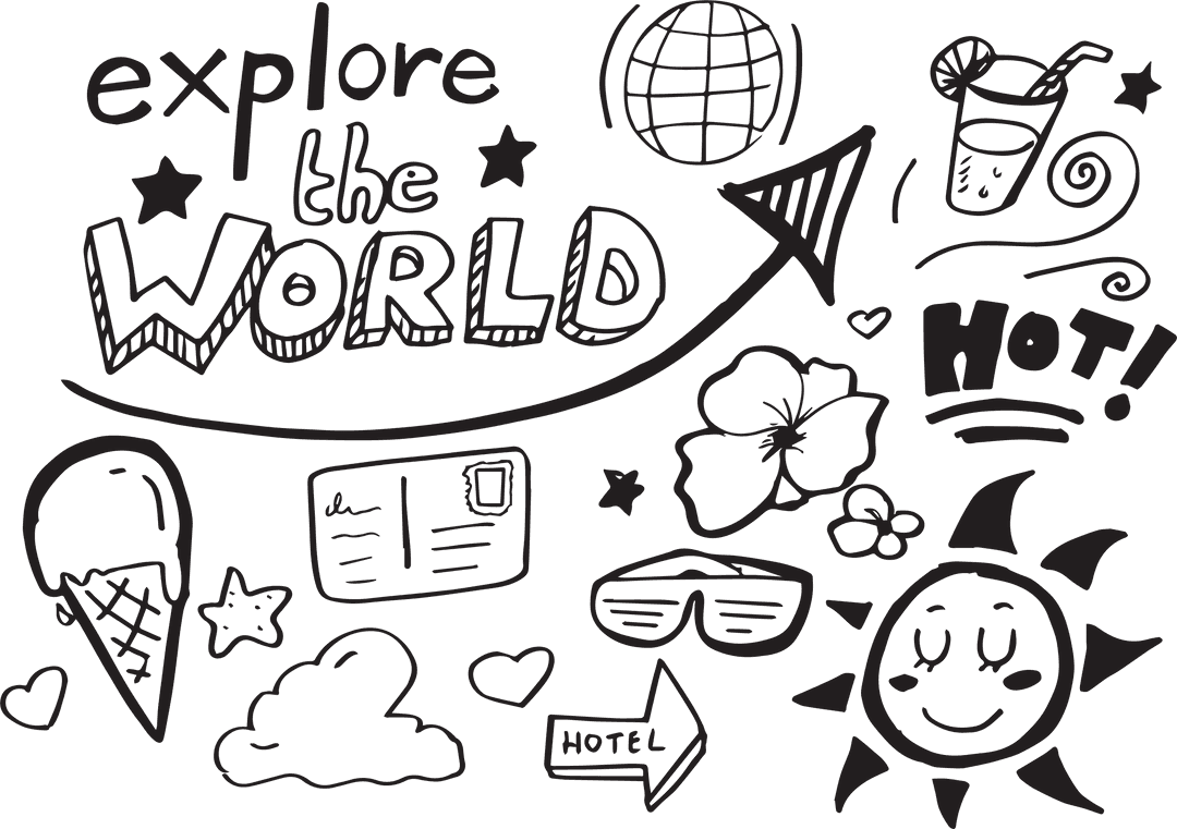 Explore the World Doodle Art on Transparent Background