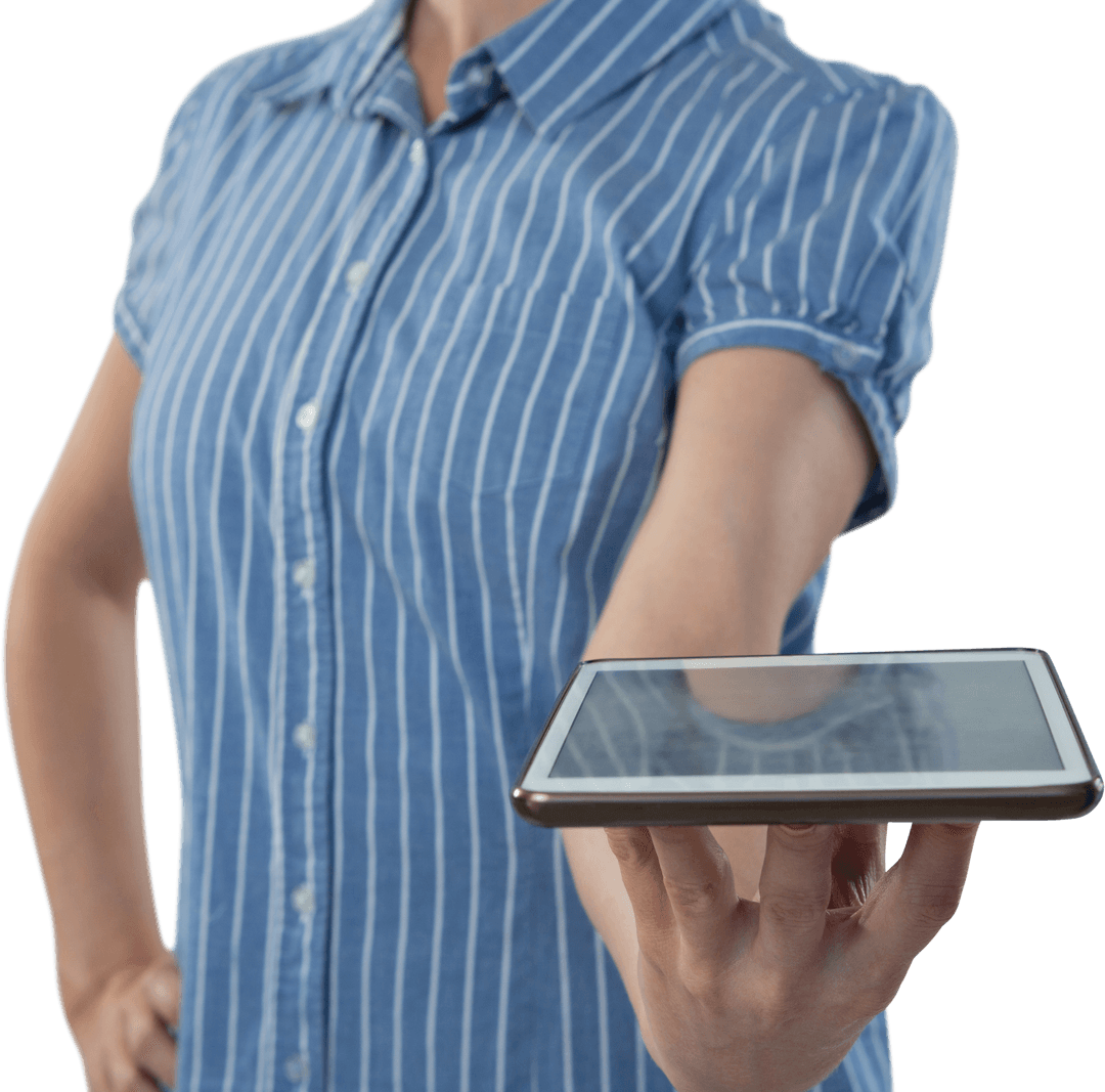 Confident Woman Holding Tablet with Transparent Background