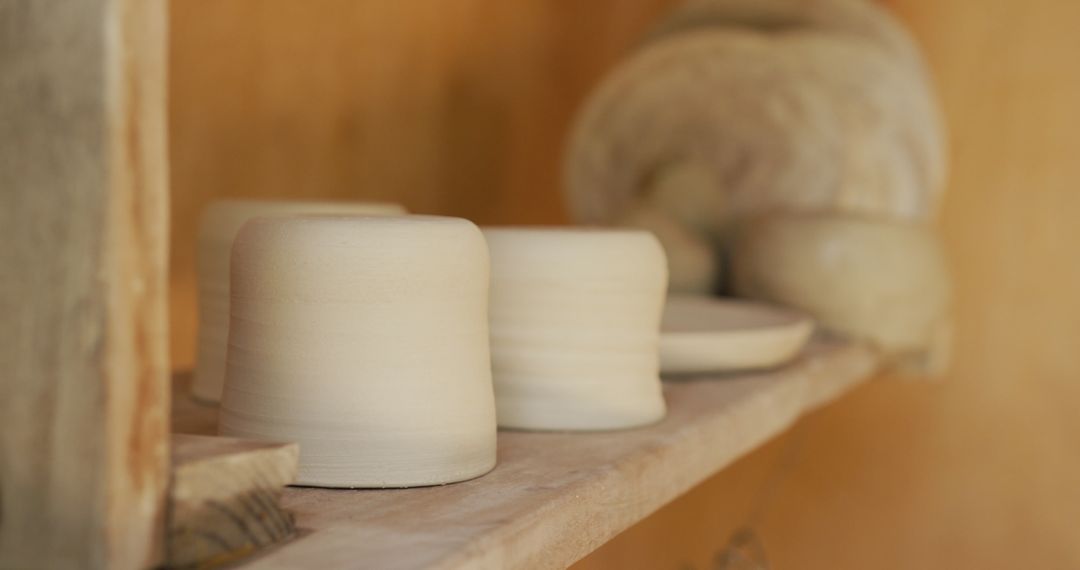 Handmade Clay Pottery Pieces on Workshop Shelf