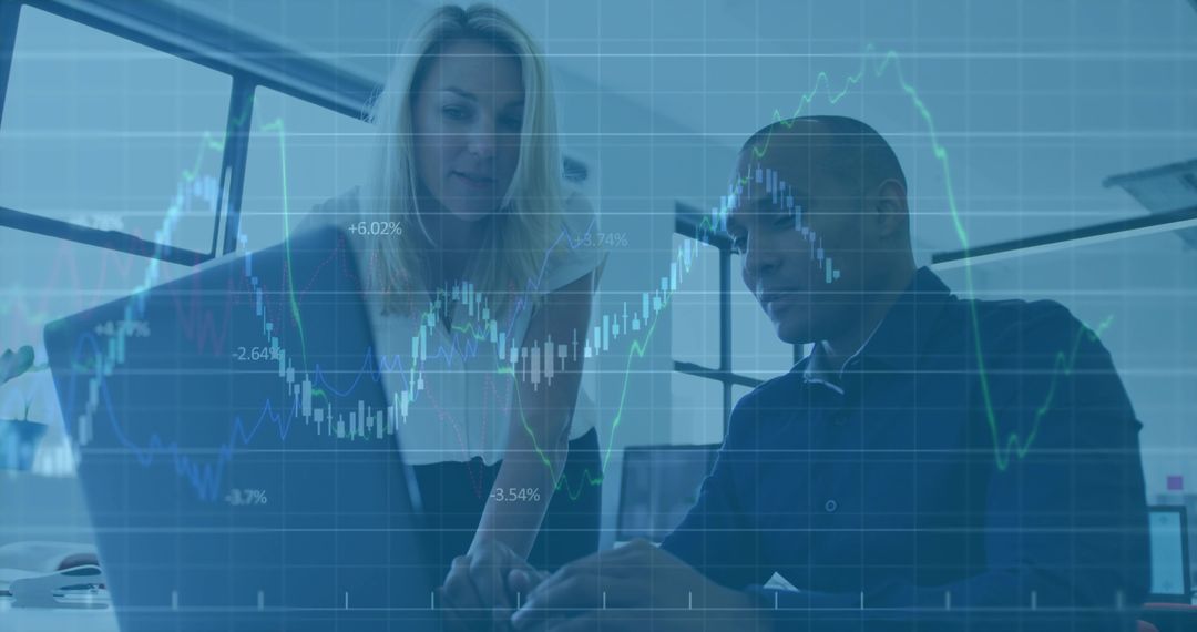 Business Professionals Collaborating with Tech and Analytics Overlay