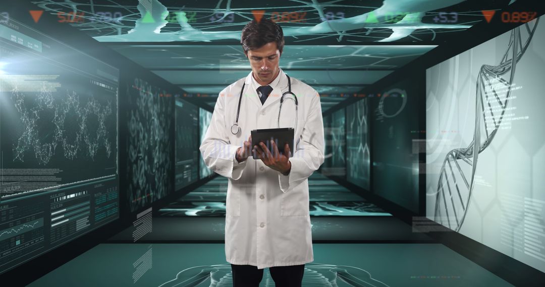 Doctor in futuristic lab reviewing data on tablet - Free Images, Stock Photos and Pictures on Pikwizard.com