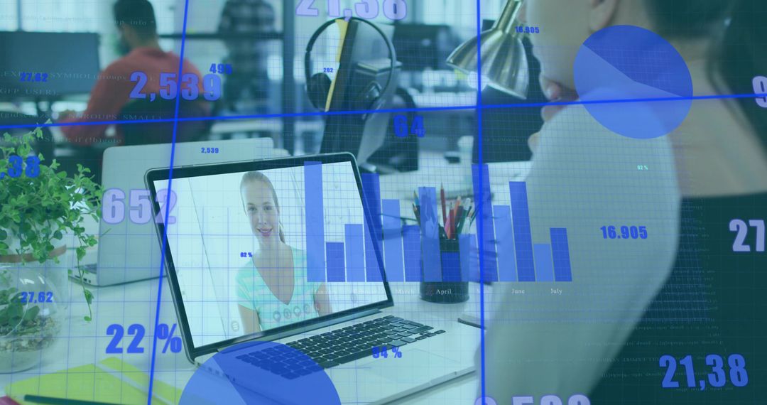 Virtual Meeting in Modern Office with Data Overlay