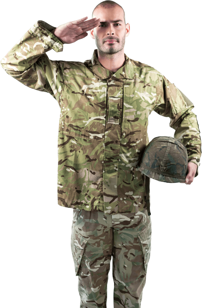 Transparent Military Soldier Saluting with Camouflage Uniform and Helmet