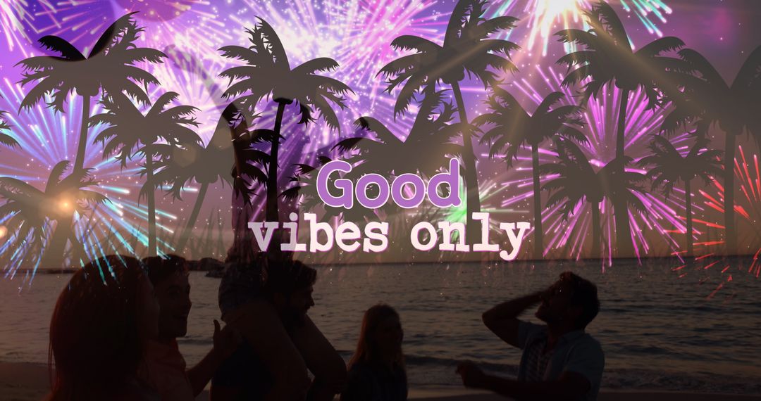 Good Vibes Only Text on Beach with Fireworks and Palm Trees