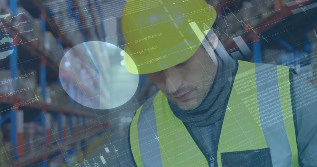 Warehouse Worker Analyzing Digital Data Report with Graph Overlay