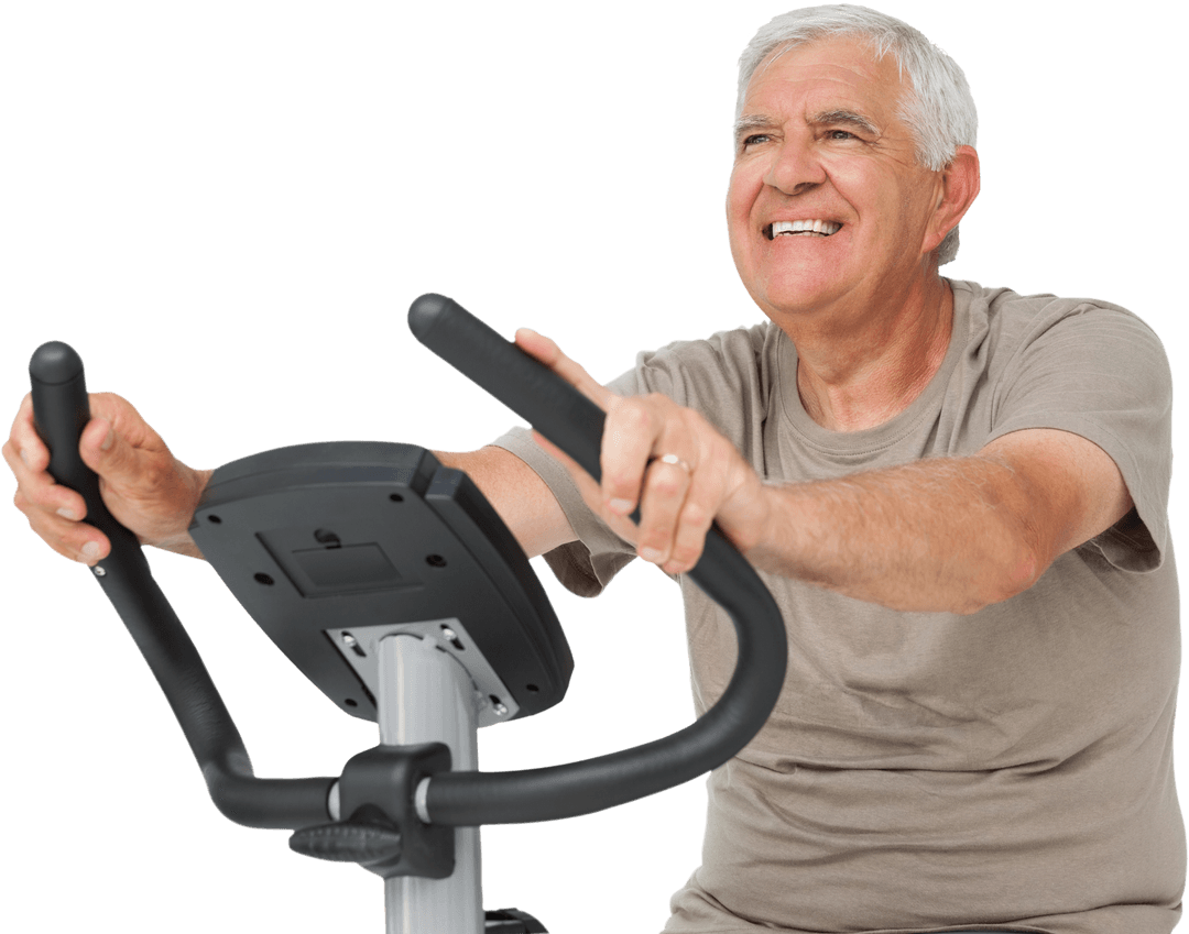 Senior Man Exercising on Stationary Bike Transparent Background