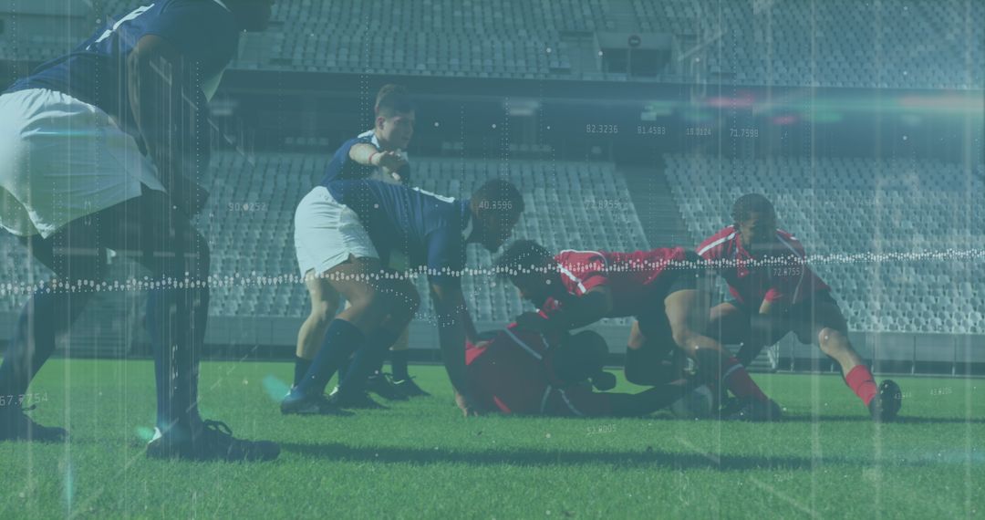 Rugby Players Combating with Data Overlay on Sports Stadium Field