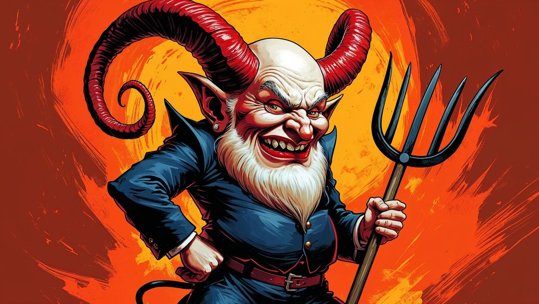 Satan entity in sapphire suit holding fiery pitchfork