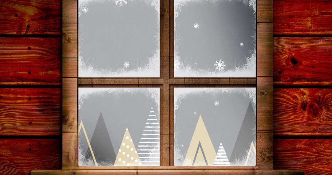 Cozy Christmas Window with Falling Snow and Mountains