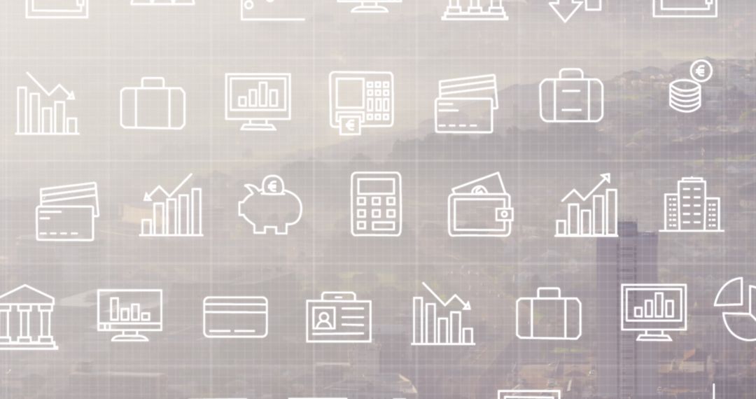 Digital Financial Icons Overlay on Urban Cityscape