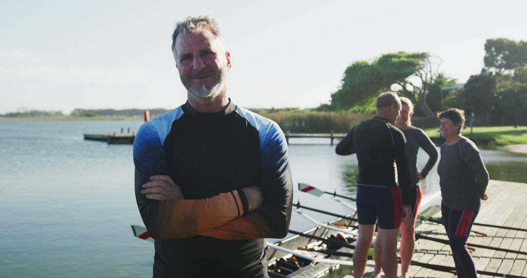 Confident Middle-Aged Man by River with Rowing Team in Background - Free Images, Stock Photos and Pictures on Pikwizard.com