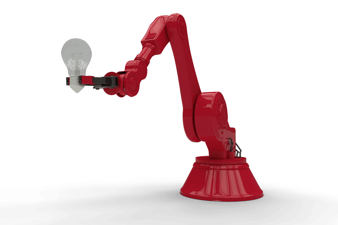 Red Robotic Arm Holding Transparent Filament Light Bulb