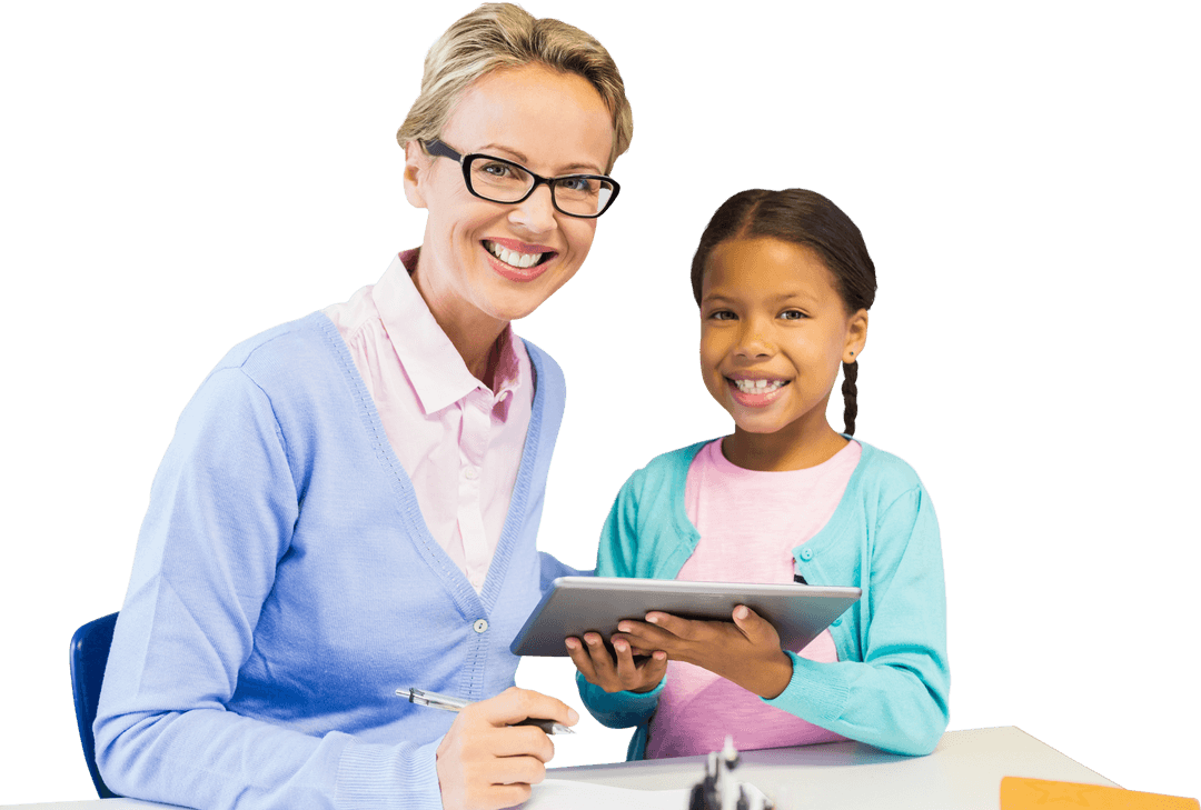 Transparent Background Teacher and Student Holding Tablet Smiling