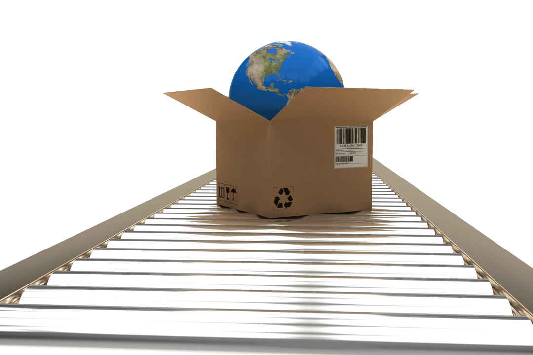 Transparent Cardboard Box with Globe Journeys on 3D Conveyor Belt