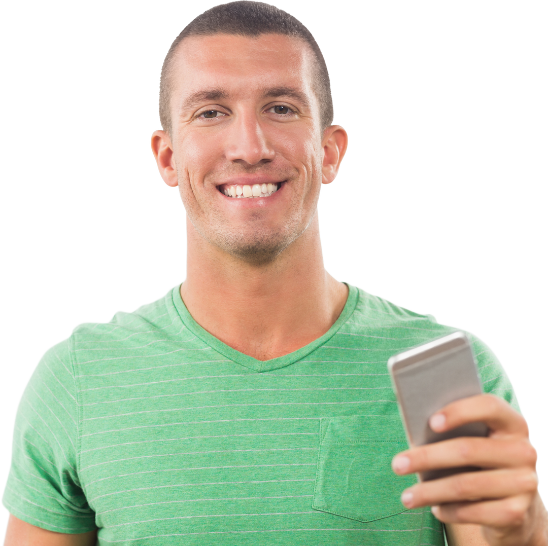 Transparent smiling man holding mobile phone in green shirt - Download Free Stock Images Pikwizard.com