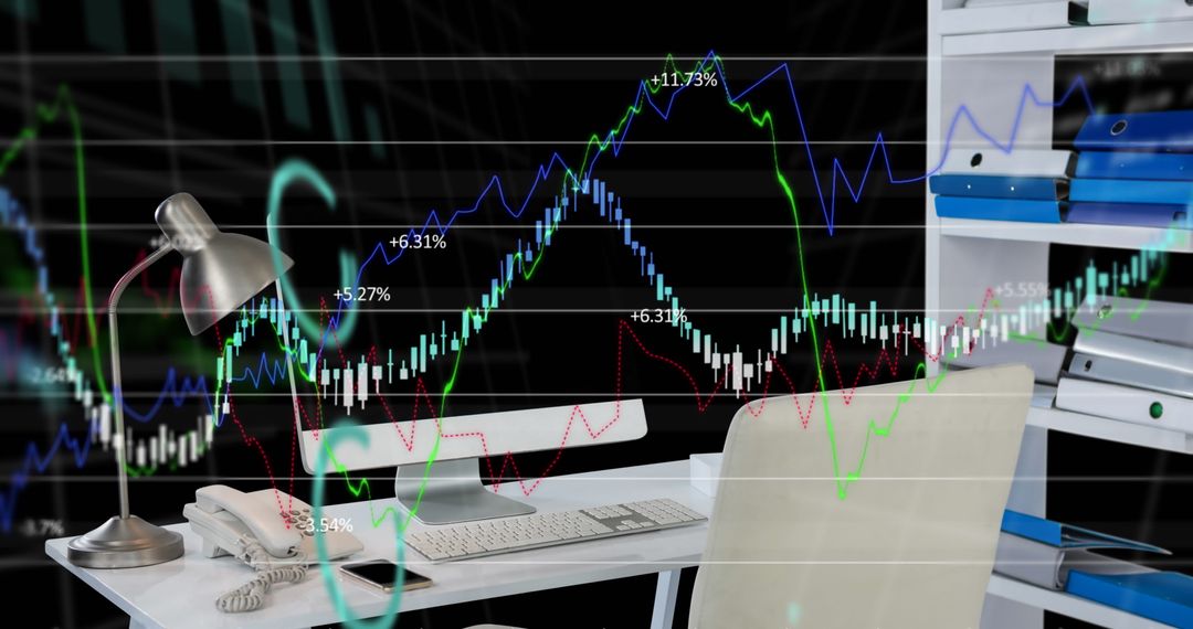 Financial Data with Fluctuating Graphs Over Office Workspace