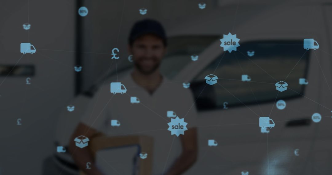 Digital Icons Overlaid on Delivery Professional with Vehicle