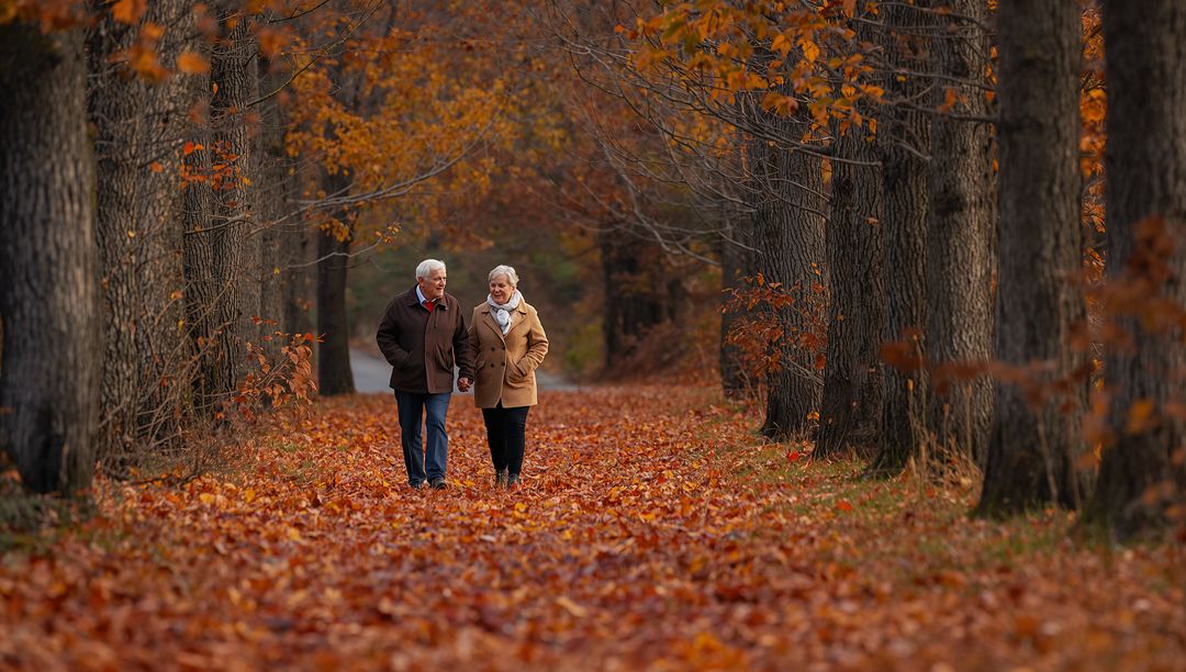 Senior couple walking hand-in-hand along tree-lined path covered in autumn leaves