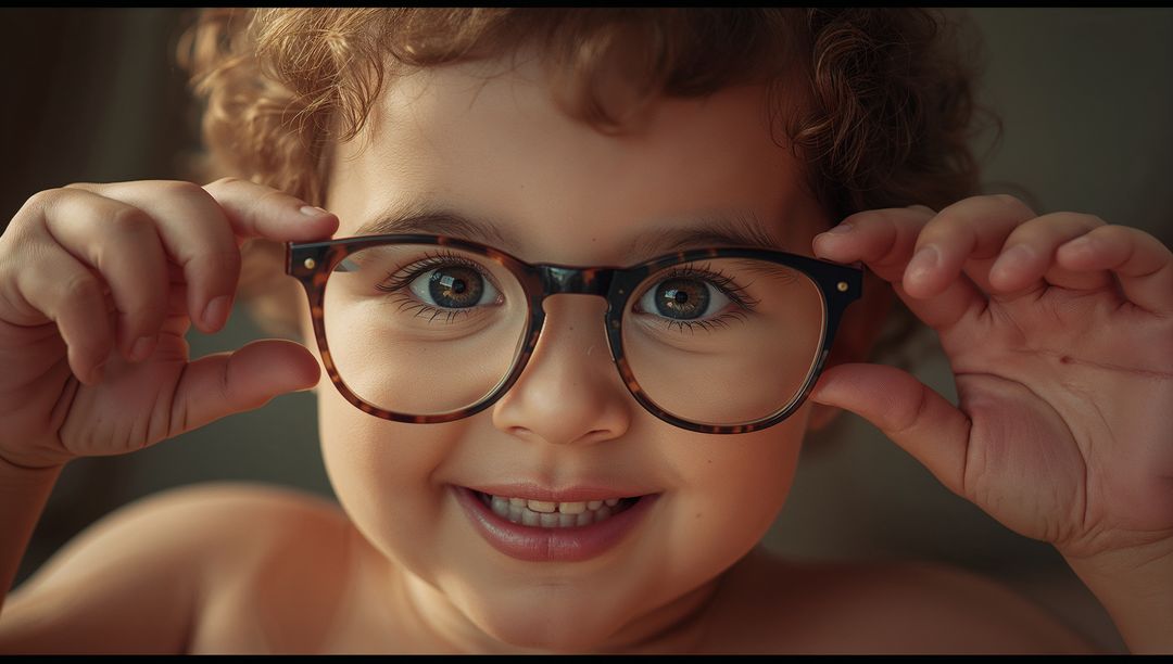 Smiling Curly Haired Child Adjusting Eyeglasses in Warm Lighting