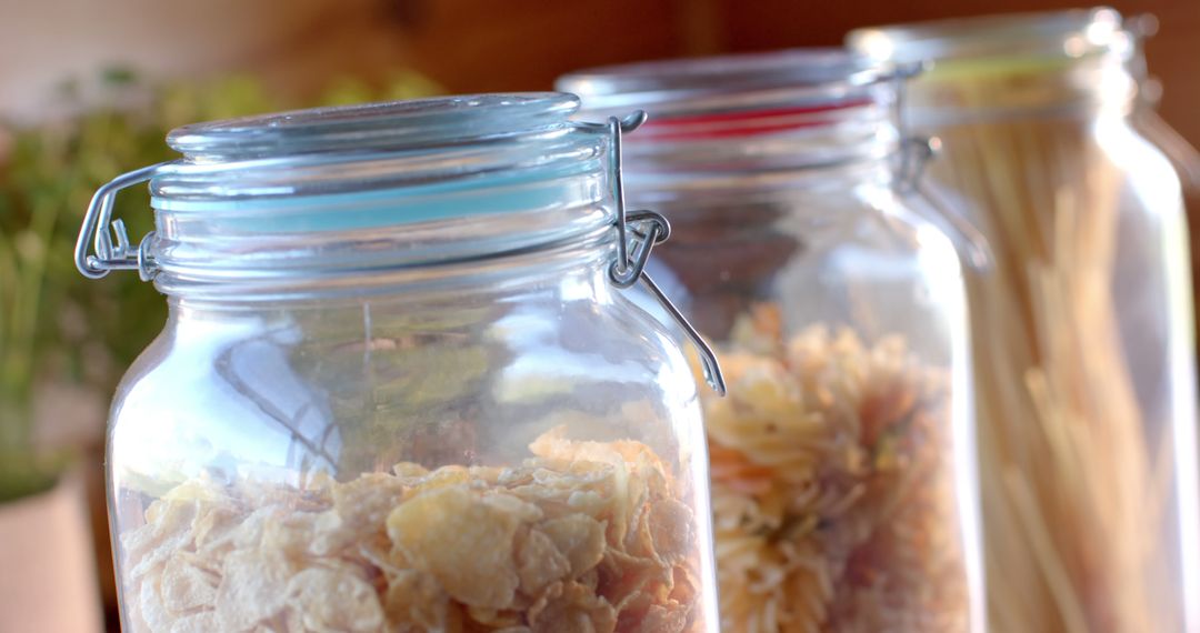 Glass jars containing kitchen staples in bright sunlight - Free Images, Stock Photos and Pictures on Pikwizard.com