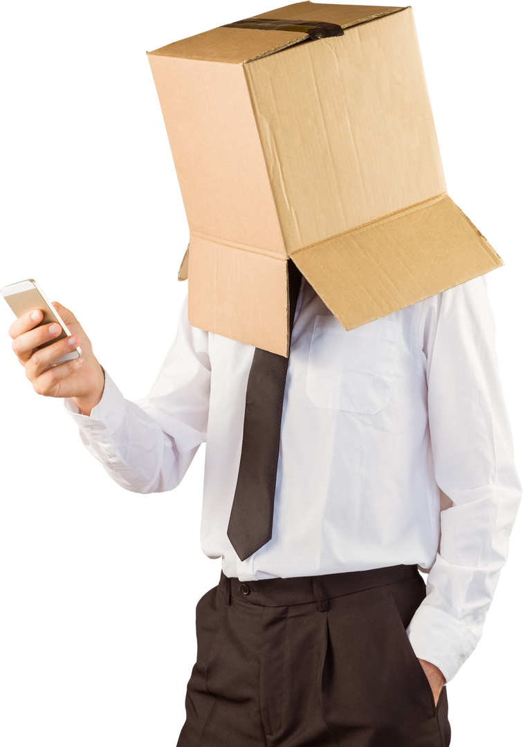 Anonymous Businessman with Cardboard Box Over Head Holding Smartphone on Transparent Background - Download Free Stock Images Pikwizard.com