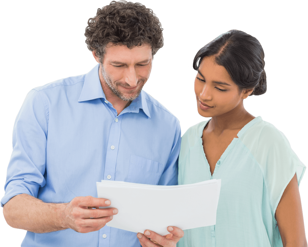 Diverse Colleagues Reviewing Documents Standing on Transparent Background