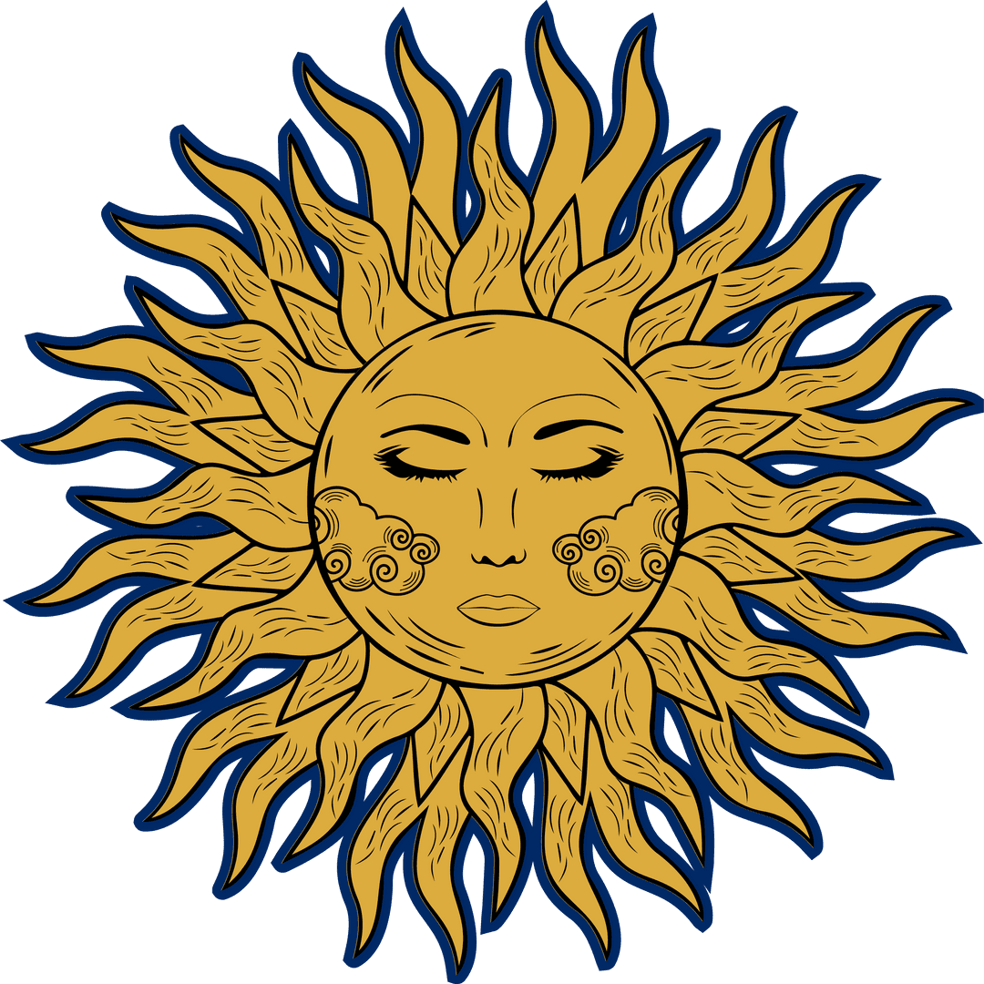 Stylized Sun Face with Radiant Beams on Transparent Background