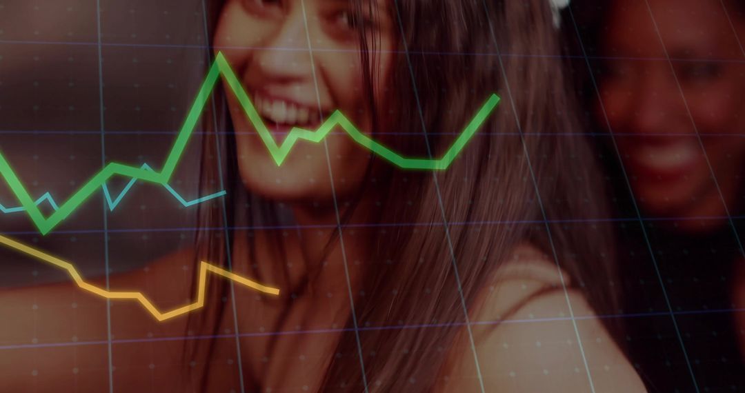 Young woman smiling with data overlay and rising green line chart, closeup portrait