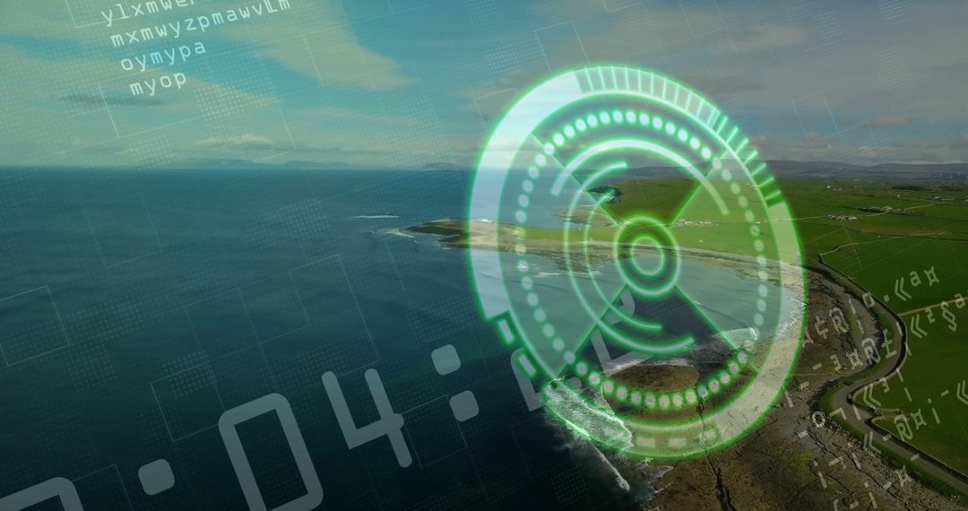 Futuristic HUD Display Over Scenic Coastal Cliff Headland